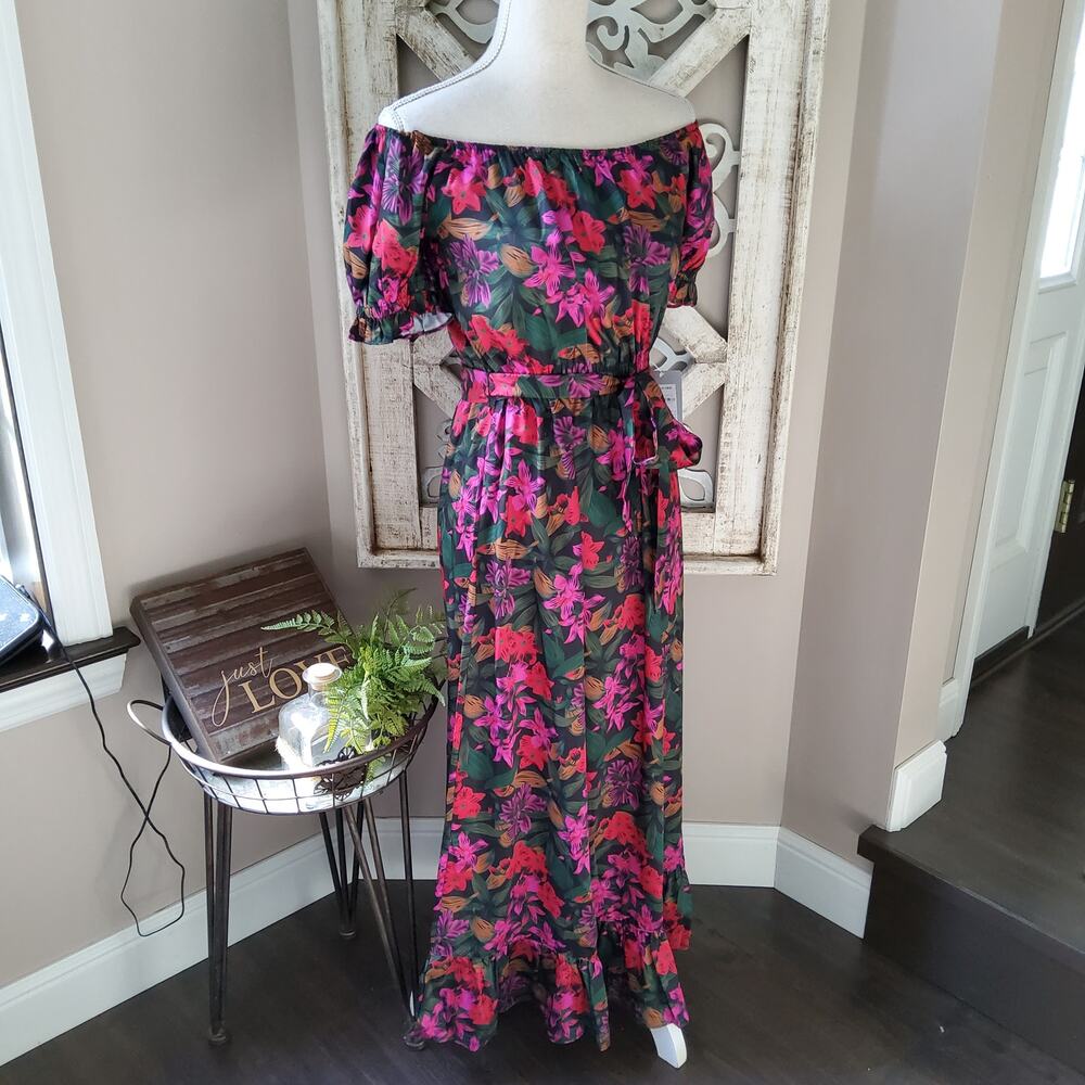NSR Floral Off Shoulder Puffy Sleeve Belted Ruffle Midi Dress XS Fairy Romantic